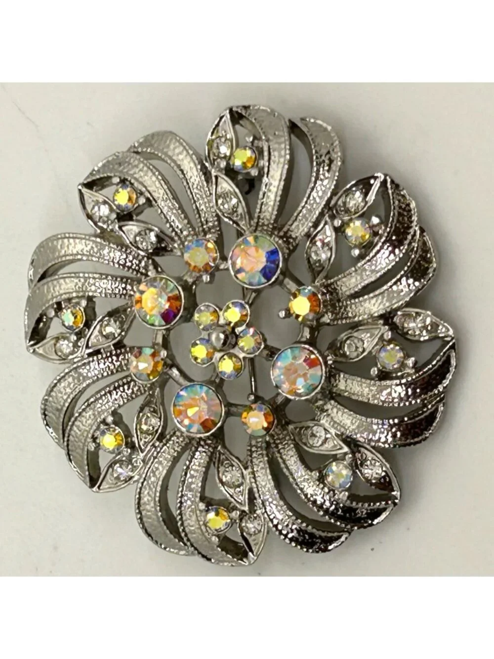 Vintage Aurora Borealis Brooch Rhinestone Silver-tone Pin Floral Starburst